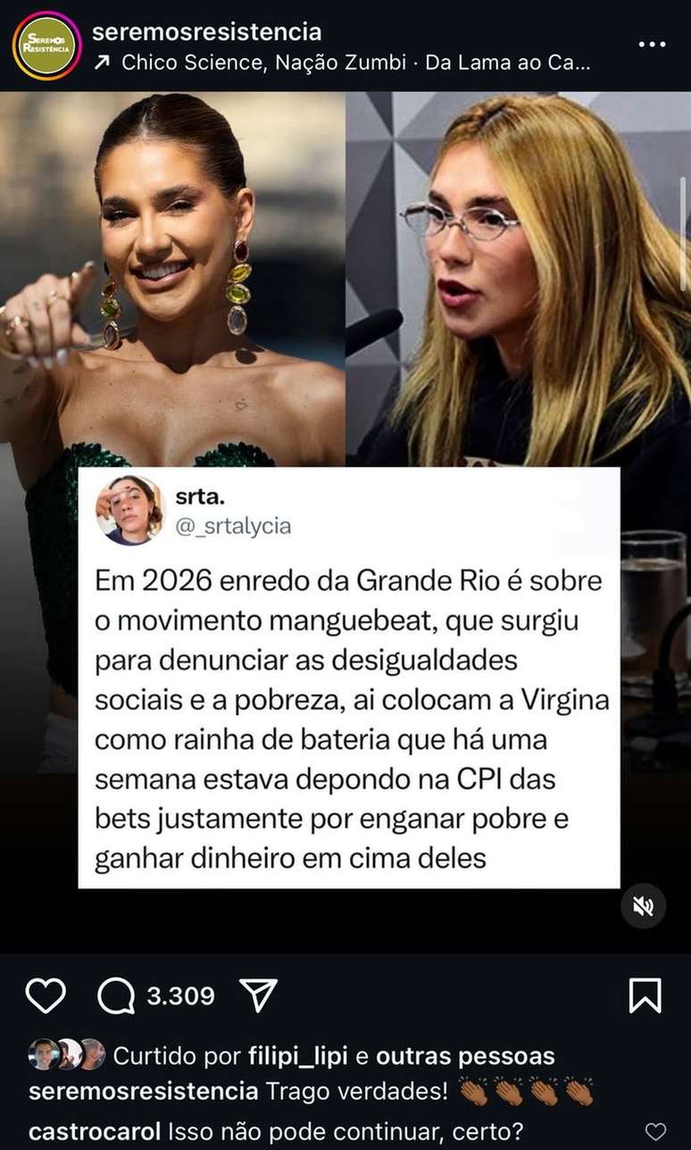 Carol Castro critica Grande Rio por colocar Virginia Fonseca como Rainha de Bateria &mdash;