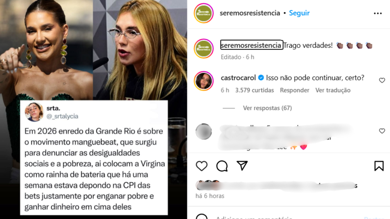 Carol Castro critica escolha de Virginia Fonseca como rainha de bateria