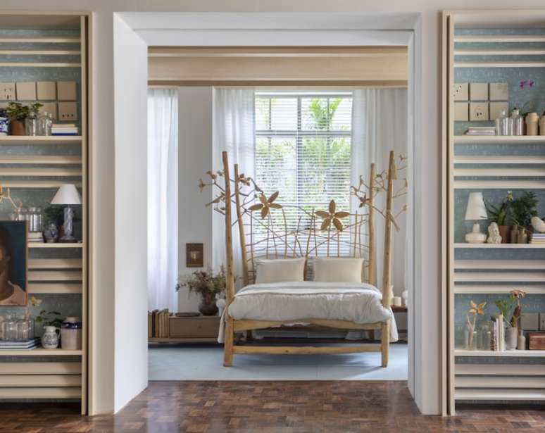 M&oacute;veis artesanais persoanlizam o dormit&oacute;rio projetado por Gabriel Fernandes.