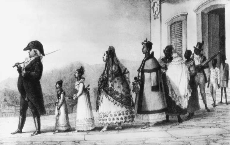 Gravura mostra família de colonizadores portugueses no Brasil, por volta de 1820