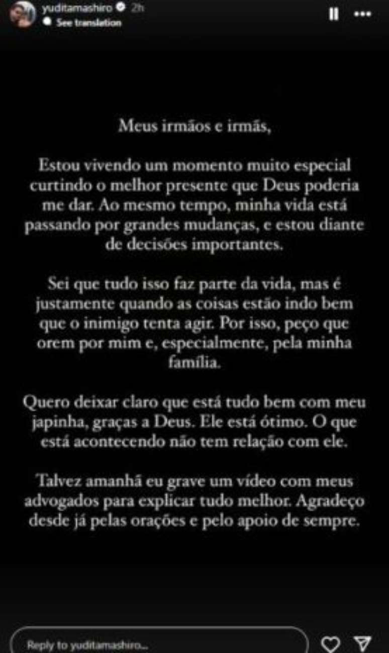 Yudi pediu ora&ccedil;&otilde;es nas redes sociais 