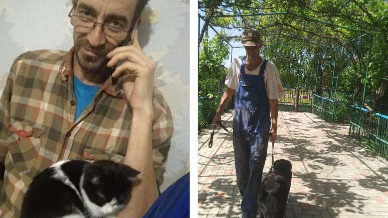 Sergei agus cuid dá chuid ainmhithe ina theach i Novaryubymivka