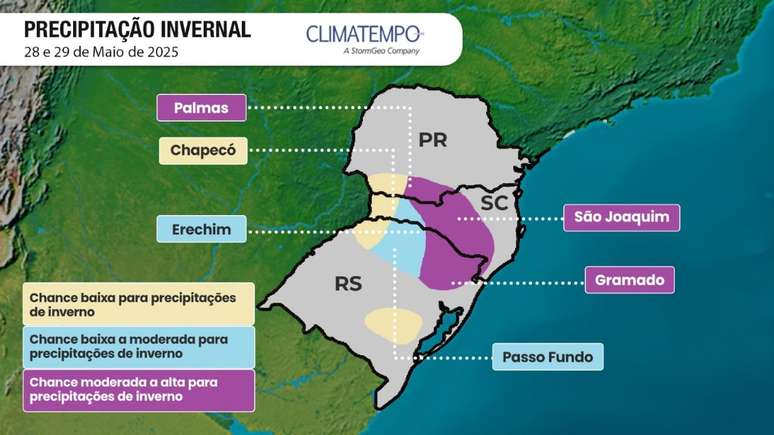 Áreas com possibilidade de ocorrência de precipitação invernal entre os dias 28 e 29 de maio de 2025 Áreas com possibilidade de ocorrência de precipitação invernal entre os dias 28 e 29 de maio de 2025
