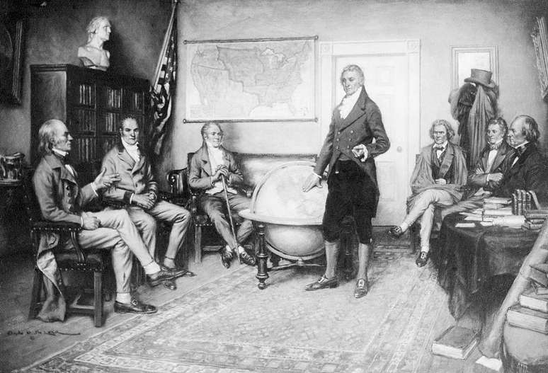 Ilustração mostra nascimento da Doutrina Monroe, com James Monroe em pé ao lado do globo terrestre