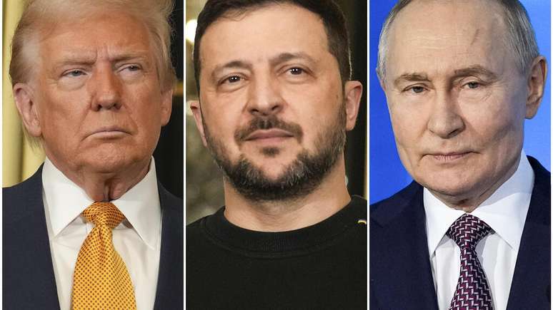 Nesta combinação de fotos de arquivo, o presidente Donald Trump, à esquerda, e o presidente da Ucrânia, Volodymyr Zelenskyy, ao centro, são vistos no Palácio do Eliseu, em 7 de dezembro de 2024, em Paris, e o presidente Vladimir Putin, à direita, discursa em um Fórum de Tecnologia em Moscou, em 21 de fevereiro de 2025.