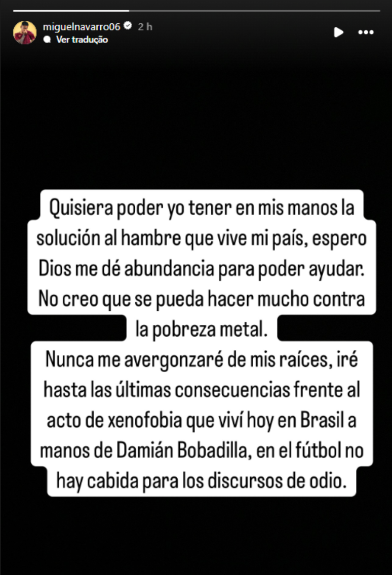 Miguel Navarro, do Talleres, acusou Bobadilla, do São Paulo, de xenofobia