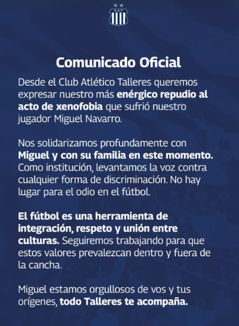 Talleres se posiciona sobre denúncia de xenofobia contra Miguel Navarro