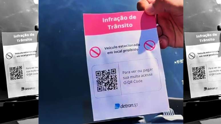 Papel deixado por criminosos no para-brisas de veículos avisa sobre multa por estacionar em local proibido e traz QR Code para pagamento