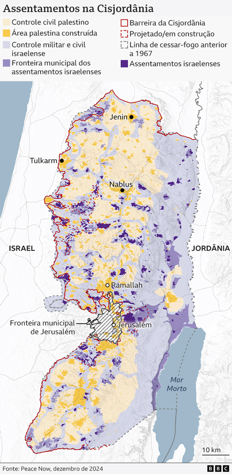 Mapa mostrando assentamentos israelenses na Cisjord&acirc;nia ocupada