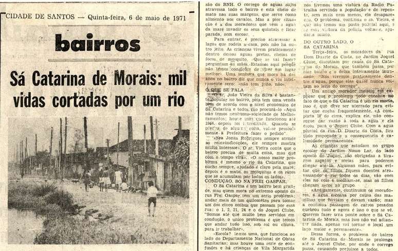 Jornal Cidade de Santos de 1971 aborda favela Catarina de Moraes, onde Débora Silva foi criada em São Vicente, litoral paulista.