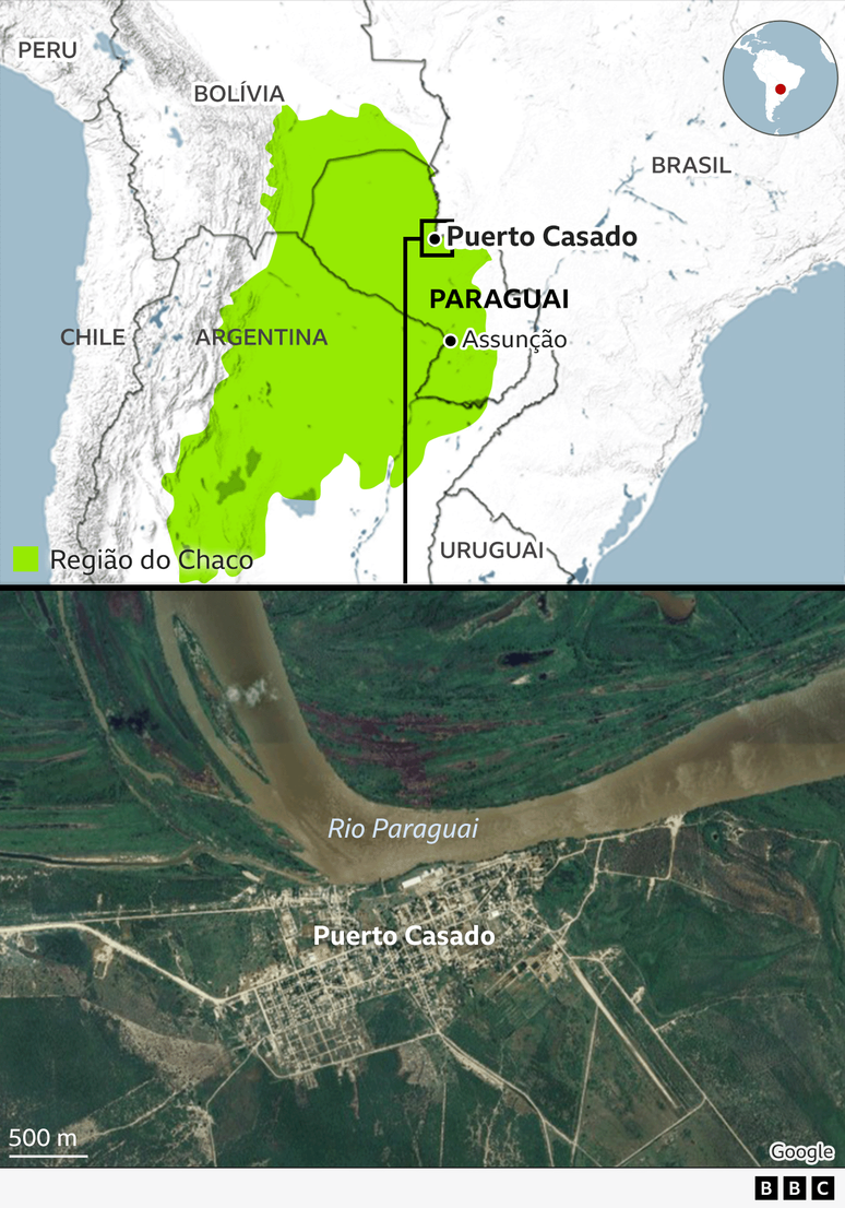 Mapa mostra a regi&atilde;o do Chaco no Paraguai com destaque a Puerto Casado
