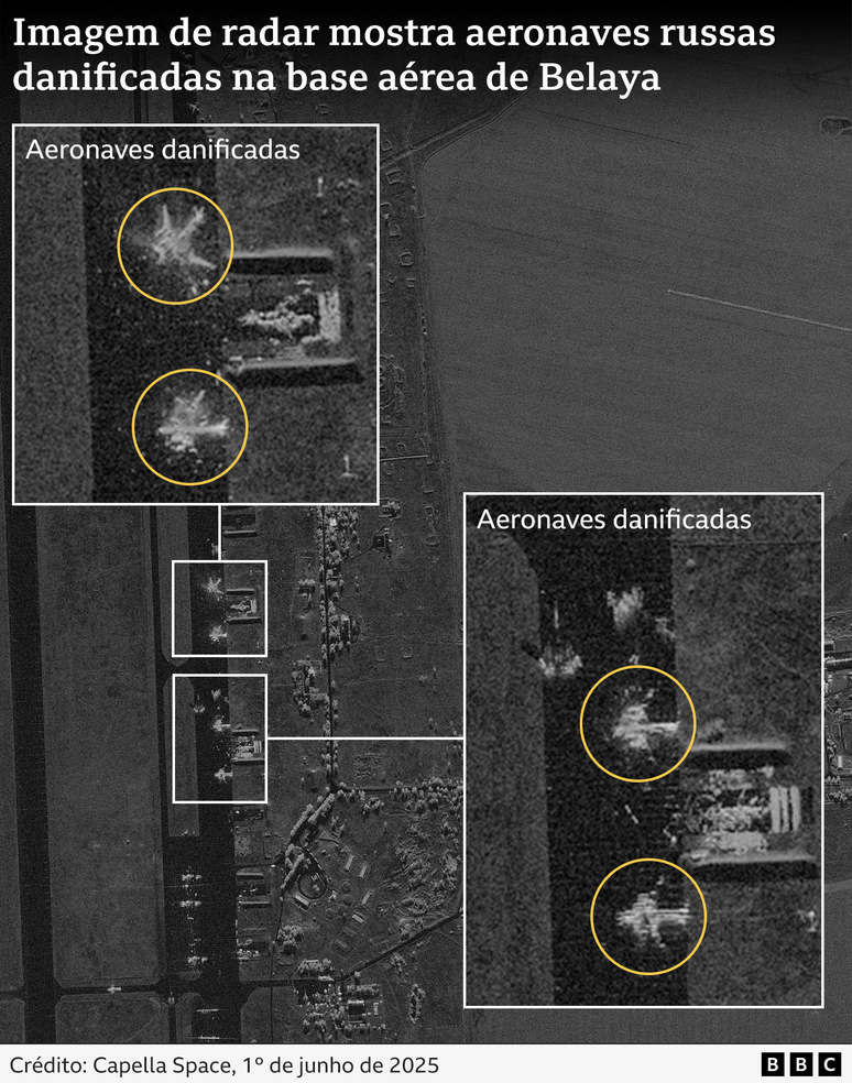 Mapa mostra aeronaves danificadas na base a&eacute;rea de Belaya
