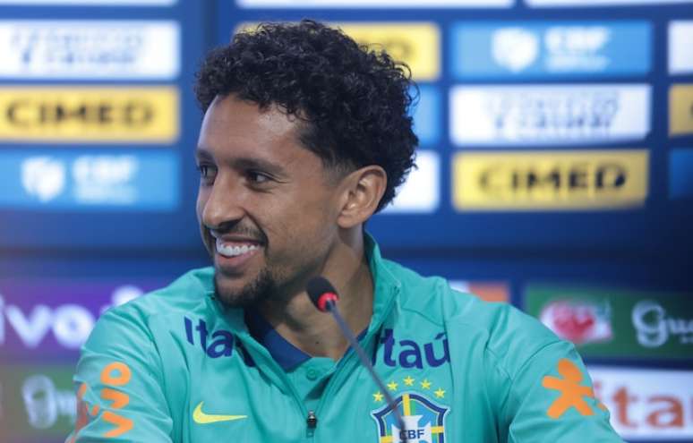 O zagueiro Marquinhos, durante coletiva antes do seleção brasileira, no CT Joaquim Grava, na zona leste de São Paulo, nesta terça-feira, 3. O Brasil enfrenta o Equador, em Guayaquil, na próxima quinta-feira (5), em partida válida pelas Eliminatórias Sul-Americanas para a Copa do Mundo de 2026