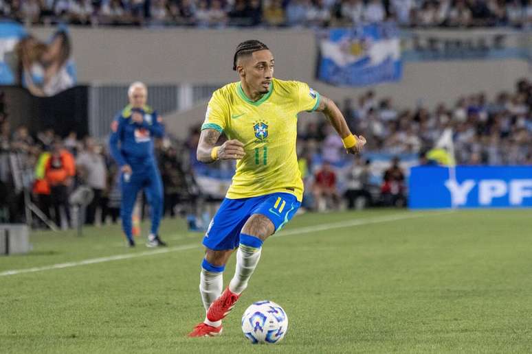 Raphinha (Brasil) durante jogo contra a Argentina, no dia 26.03.2025 