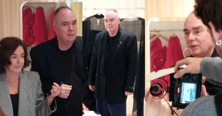 O estilista Reinaldo Lourenço com a consultora de moda Gloria Khalil e, ao lado, em outros momentos da inauguração