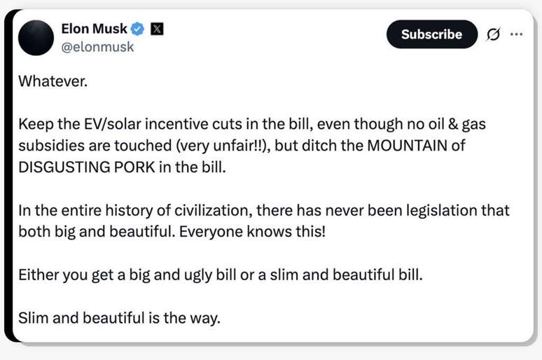 Elon Musk: "Em toda a hist&oacute;ria da civiliza&ccedil;&atilde;o, nunca houve legisla&ccedil;&atilde;o que fosse grande e bela. Ou voc&ecirc; tem um projeto de lei grande e feio, ou pequeno e bonito."