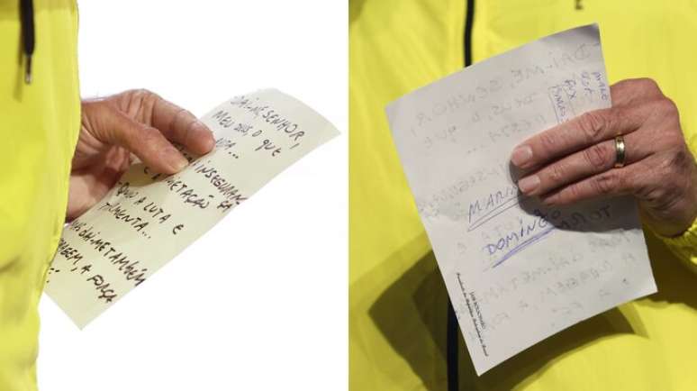 Em discurso na abertura de um evento do PL Mulher, Bolsonaro segurava um papel com trechos da Oração do Paraquedista e, no verso, nomes de alguns ministros do STF anotados