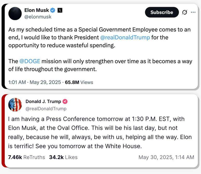 Nas redes sociais, Musk agradece a Trump "pela oportunidade de reduzir os desperd&iacute;cios de gastos". O presidente responde que Musk "estar&aacute; sempre conosco, nos ajudando. Elon &eacute; incr&iacute;vel!"