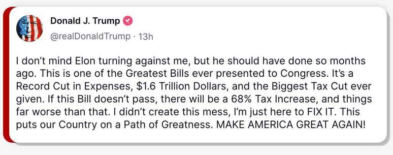 "Este &eacute; um dos maiores projetos de lei j&aacute; apresentados no Congresso", afirma Donald Trump na plataforma Truth Social.