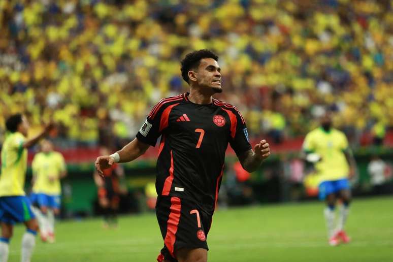 Luis Díaz (Colômbia) celebrando seu gol contra o Brasil, no dia 20.03.2025 