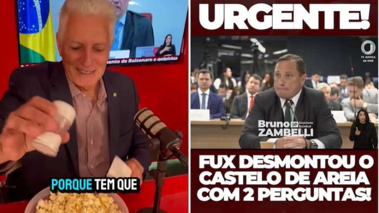 Deputado federal petista Rogério Correia postou vídeo comendo pipoca e vendo inquérito; bolsonarista Bruno Zambelli separa momento pergunta de Fux como momento que poderia salvar Bolsnaor e outros réus.