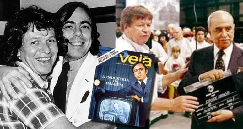 À esquerda, os jovens Boni e Clark na Globo; no centro, capa da 'Veja' de 1971; ao lado, Boni com Roberto Marinho na inauguração do Projac (rebatizado Estúdios Globo) em 1992