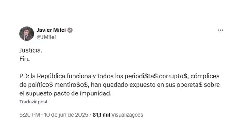 Milei comemora decisão contra Kirchner