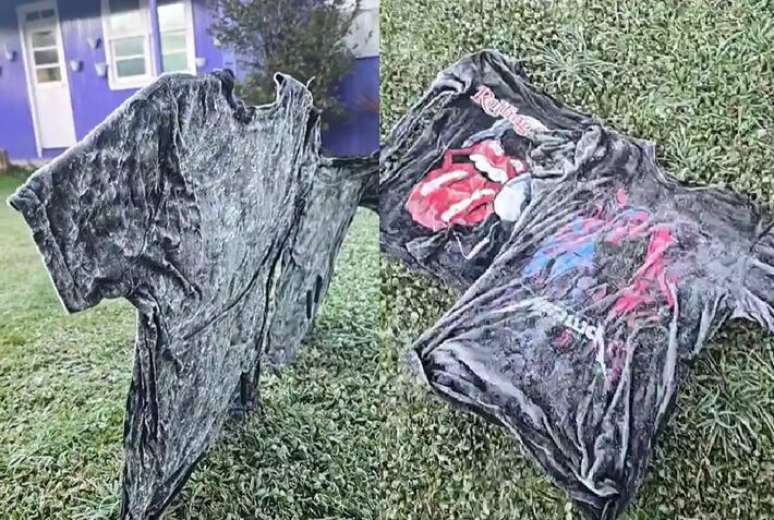 Camisetas ficam congeladas em São Joaquim, no interior de Santa Catarina, com temperatura de -6ºC.