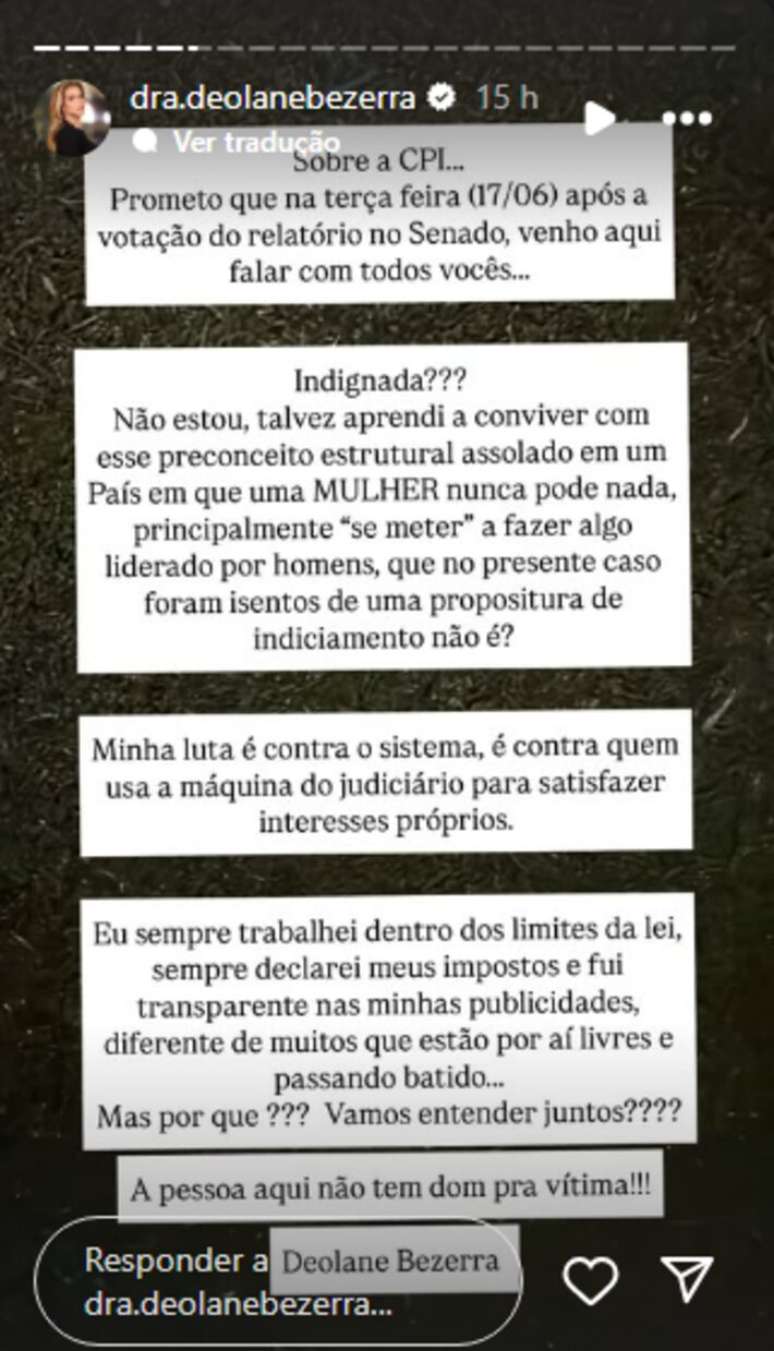 Desabafo de Deolane Bezerra sobre indiciamento em CPI das Bets