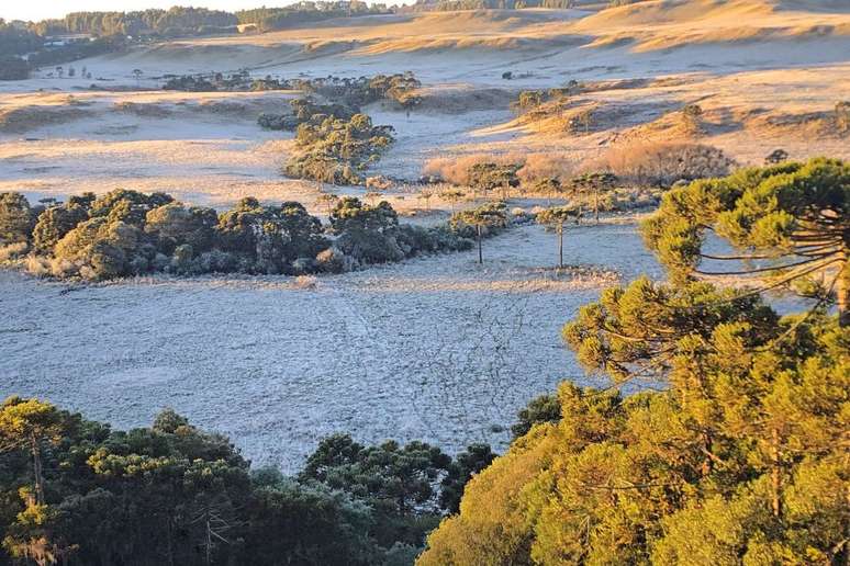 Registro feito por morador mostra a paisagem no dia mais frio do ano em São Joaquim (SC)