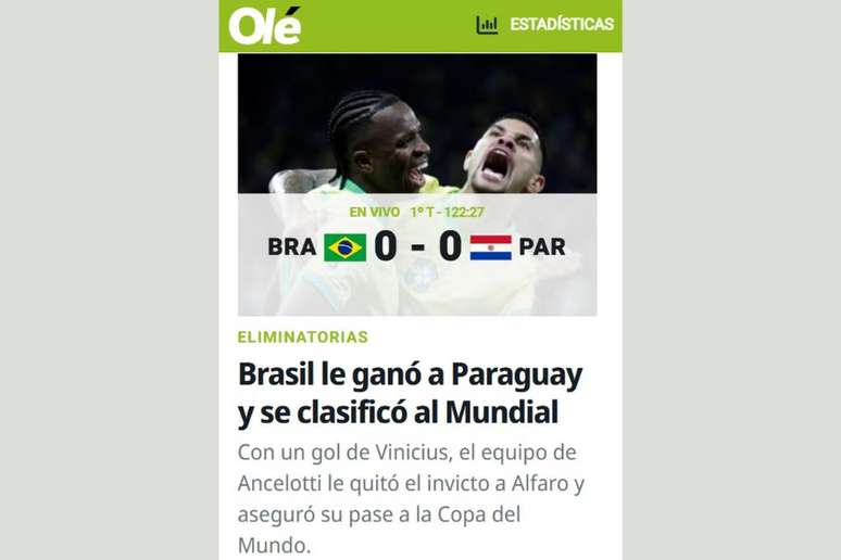 "Brasil ganha do Paraguai e se classifica para o Mundial", destacou o Olé, da Argentina