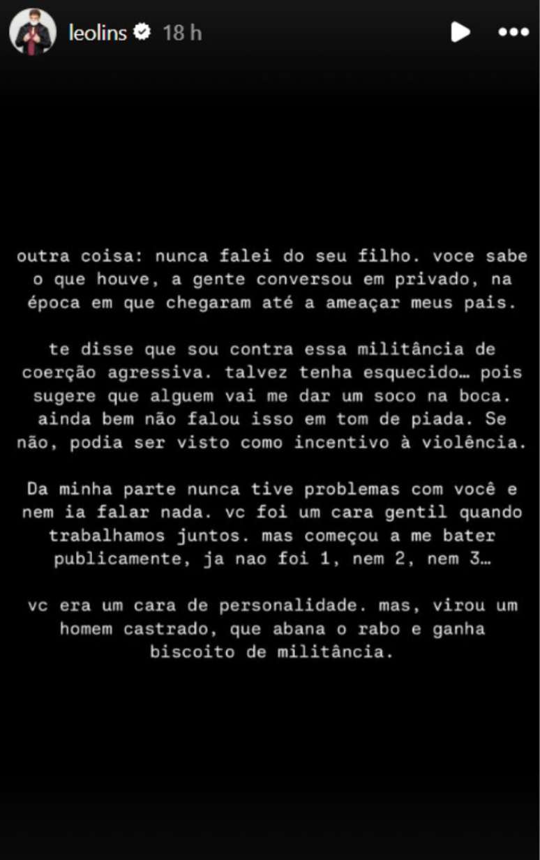 Comediante foi condenado a oito anos de prisão e rebateu o apresentador em suas redes sociais
