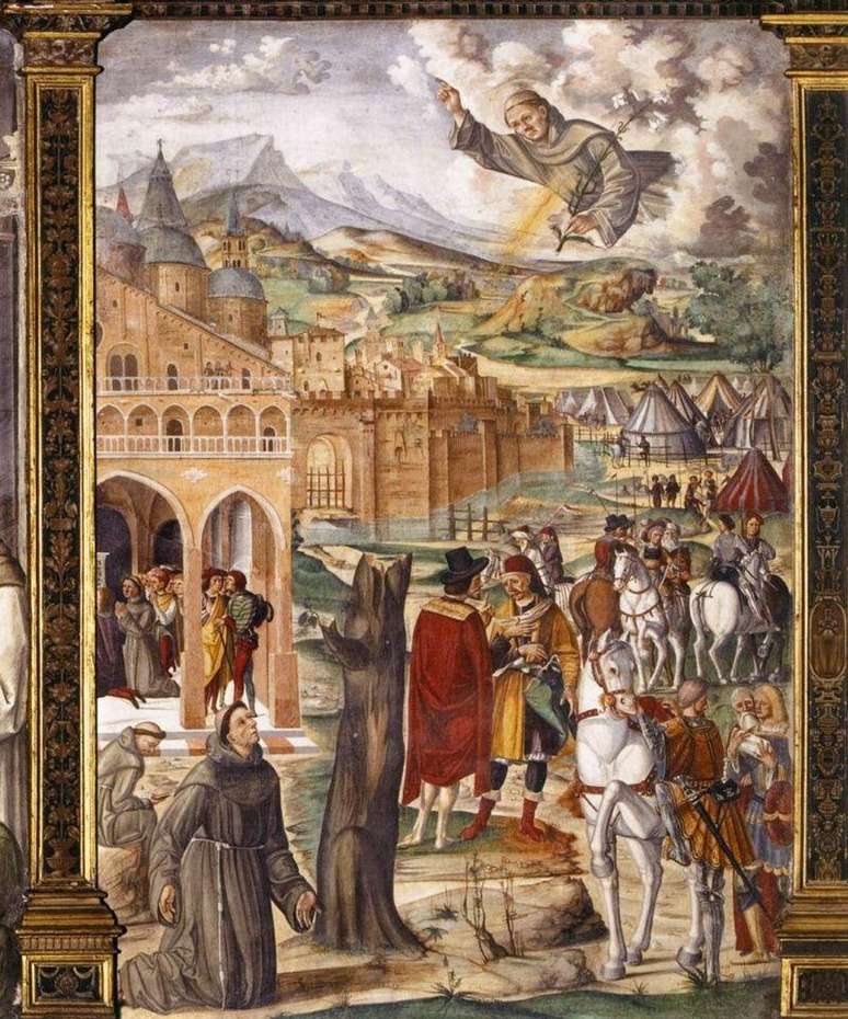Afresco atribu&iacute;do ao pintor Filippo da Verona e provavelmente feito em 1510 mostra Santo Ant&ocirc;nio em apari&ccedil;&atilde;o a seu confrade e seguidor Luca Belludi