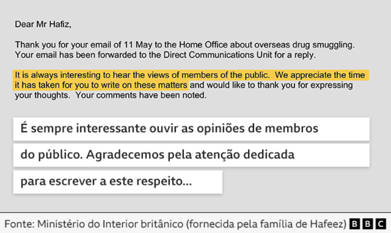 Carta do Ministério do Interior do Reino Unido, agradecendo pela atenção prestada por Hafeez