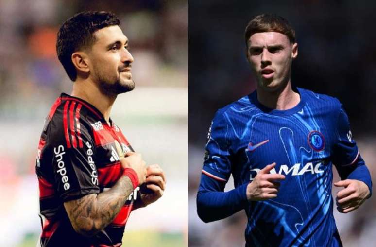 Adriano Fontes / CRF e Stu Forster/Getty Images - Legenda: Arrascaeta e Palmer