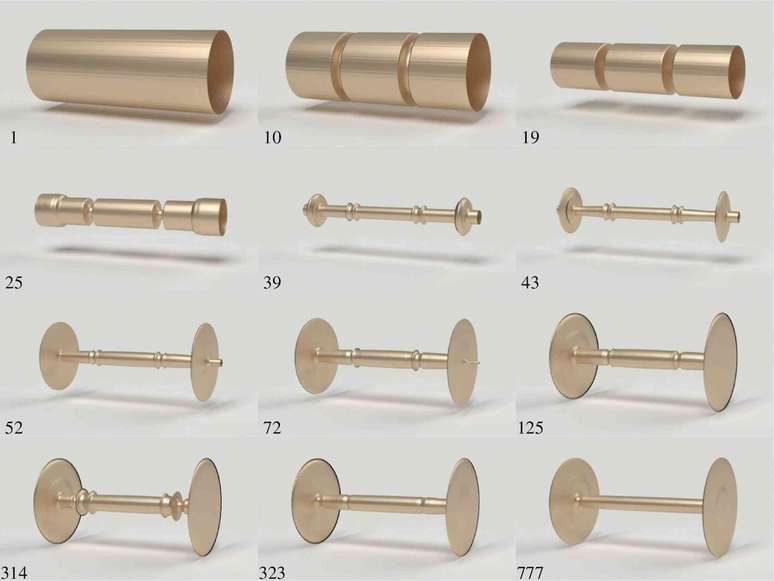 Este diagrama mostra doze ilustrações, progredindo de imagens de rolos para uma estrutura de roda e eixo.