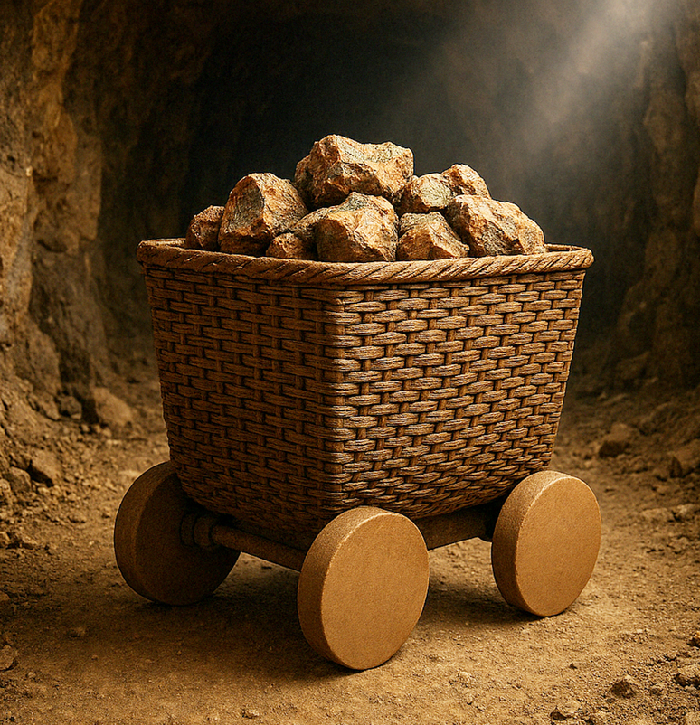 Imagem gerada por IA de um carrinho com rodas dentro de um túnel de uma mina.