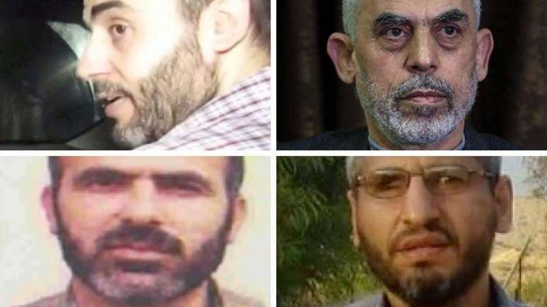 Do lado superior esquerdo, no sentido horário: os antigos líderes do Hamas Mohammed Sinwar (1975-2025), Yahya Sinwar (1962-2024), Mohammed Deif (1965-2024) e Marwan Issa (1965-2024)