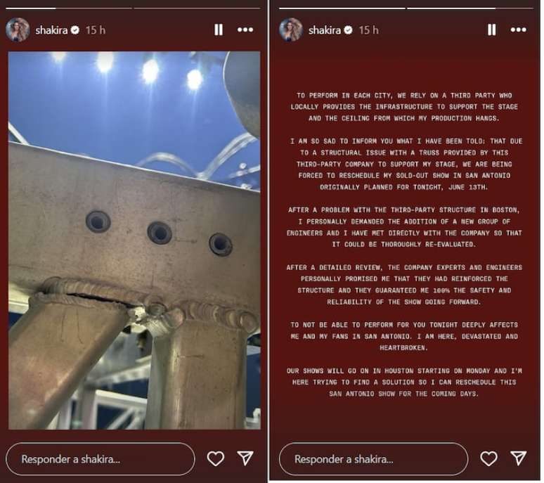Postagem feita por Shakira para explicar por qual motivo cancelou show em San Antonio, no Estado do Texas, nos Estados Unidos