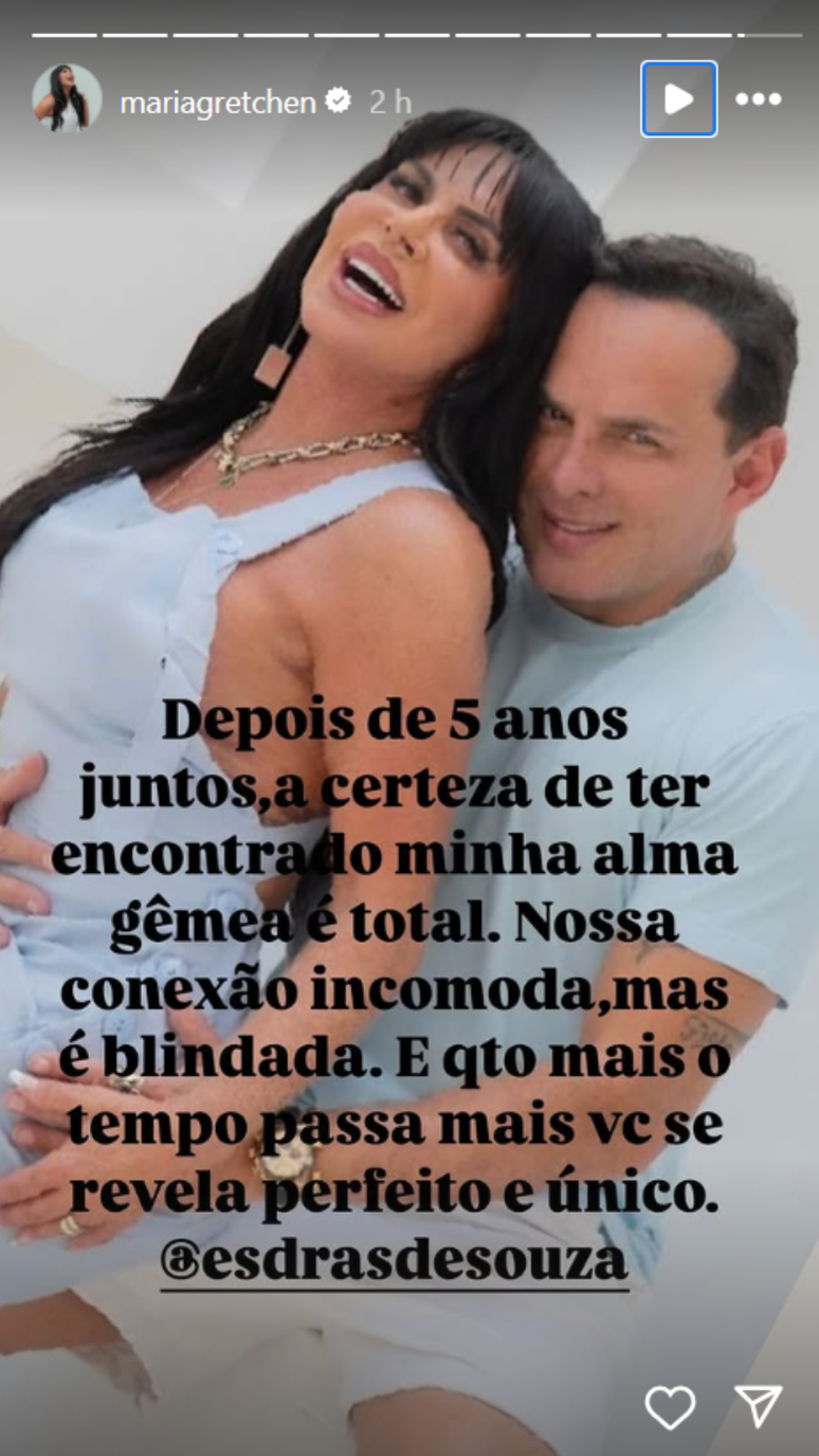 Gretchen celebra 5 anos com Esdras