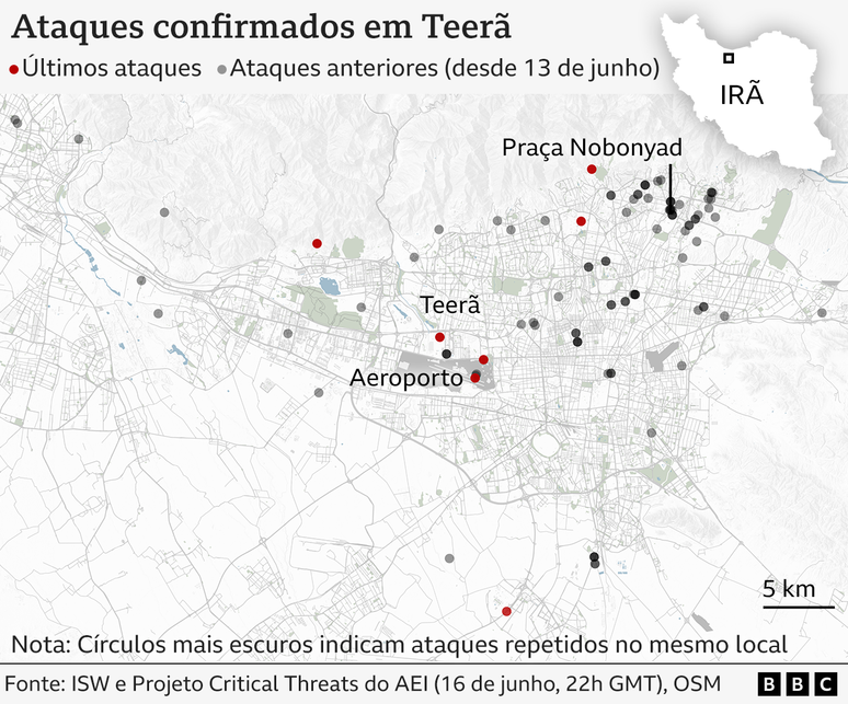 Mapa mostra ataques confirmados em Teerã
