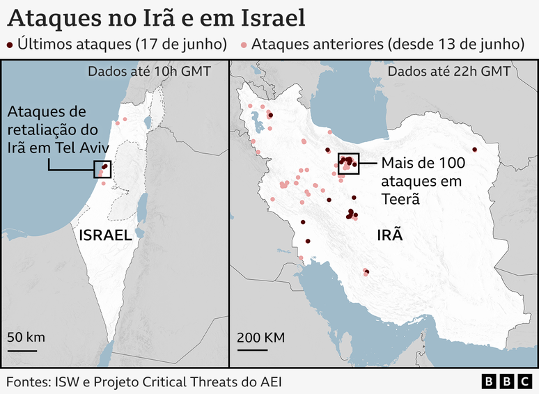 Gr&aacute;fico mostra ataques no Ir&atilde; e em Israel na guerra entre os dois pa&iacute;ses
