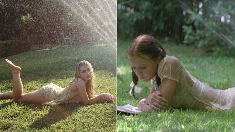 Foto de Sabrina Carpenter divulgada pela W Magazine e cena de Lolita (1997) (