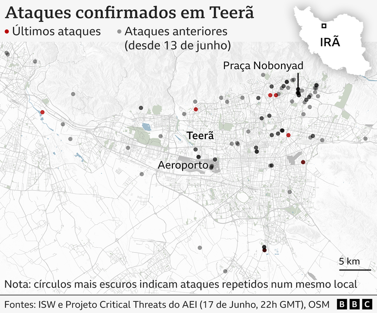 Mapa mostra os ataques em Teer&atilde; confirmados at&eacute; 18 de junho