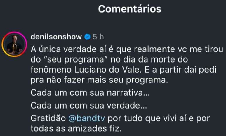 Den&iacute;lson rebate declara&ccedil;&otilde;es do ex-Corinthians em programa&ccedil;&atilde;o da R&aacute;dio Bandeirantes &ndash;