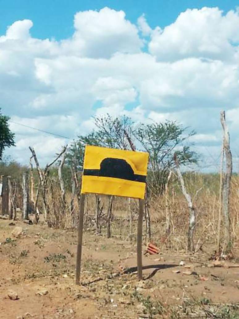 'O entorno permite saber um pouco mais sobre aquele lugar, você entende onde aquela pintura está', diz Clara. Na foto, placa de lombada pintada à mão, no município de Francisco Santos, no Piauí