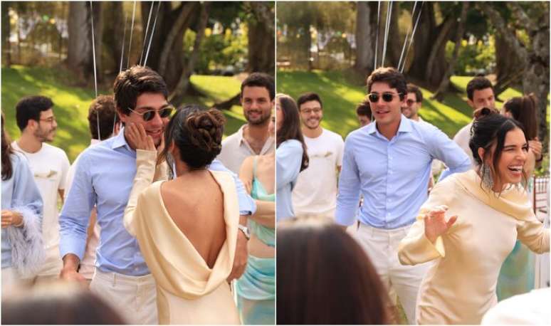 Casal Mariana Rios e Juca Diniz durante chá revelação do primeiro filho