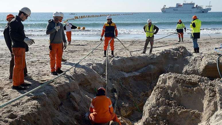 Ao chegarem à praia, cabos são aterrados até as estações de aterrissagem