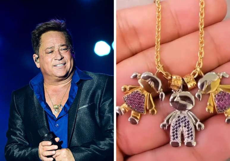 Leonardo usando colar em show | Colar nas mãos de Virginia