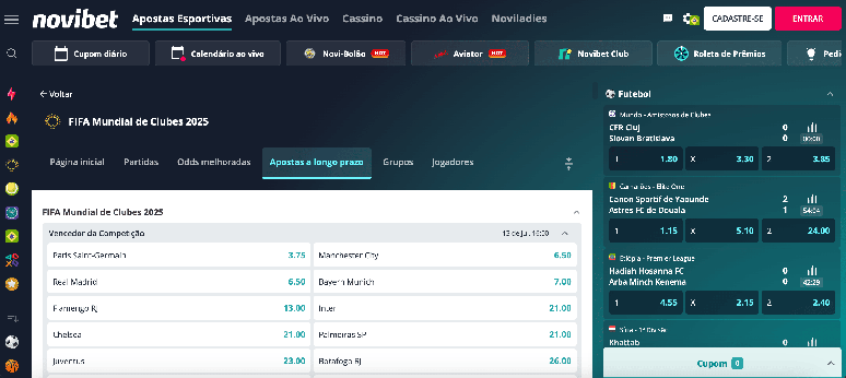 A Novibet oferece vários mercados para apostar no Mundial de Clubes